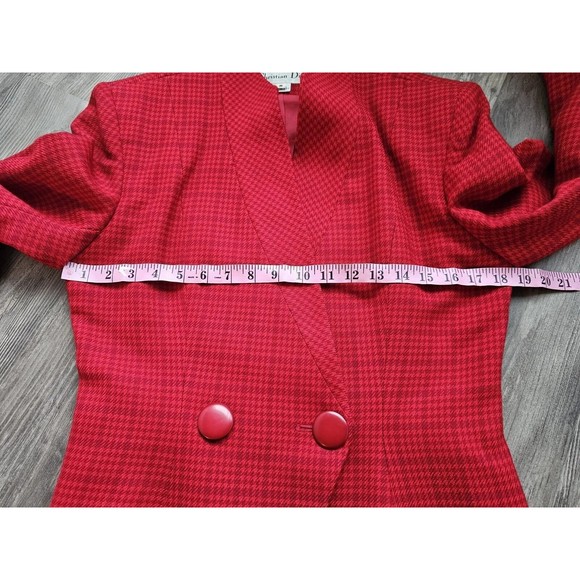 Christian Dior Vintage Houndstooth Red Plaid Pure Wool Skirt Suit Set Size 8 - Picture 9 of 16